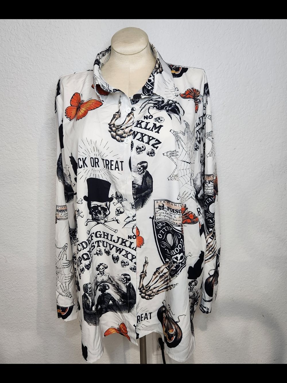 White Halloween Graphic Button-Up Shirt